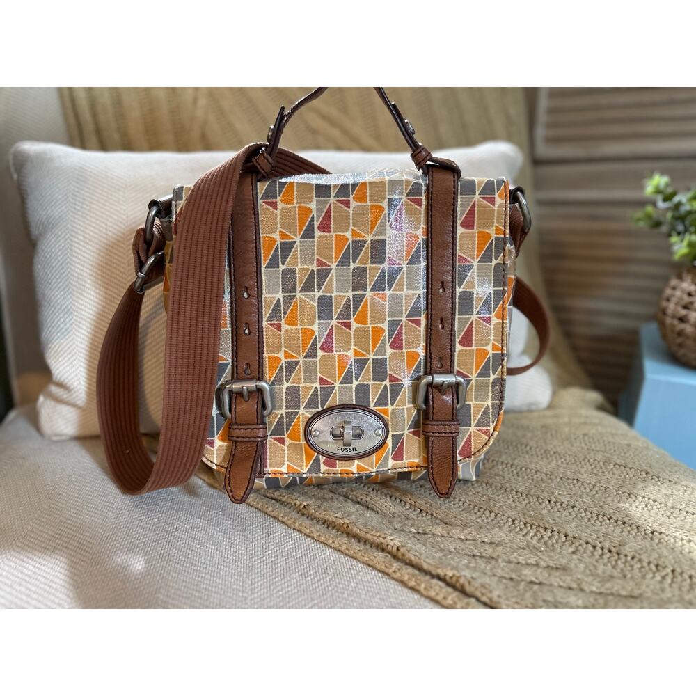 Fossil Key-Per Geometric Messenger Crossbody Bag Canvas and Leather